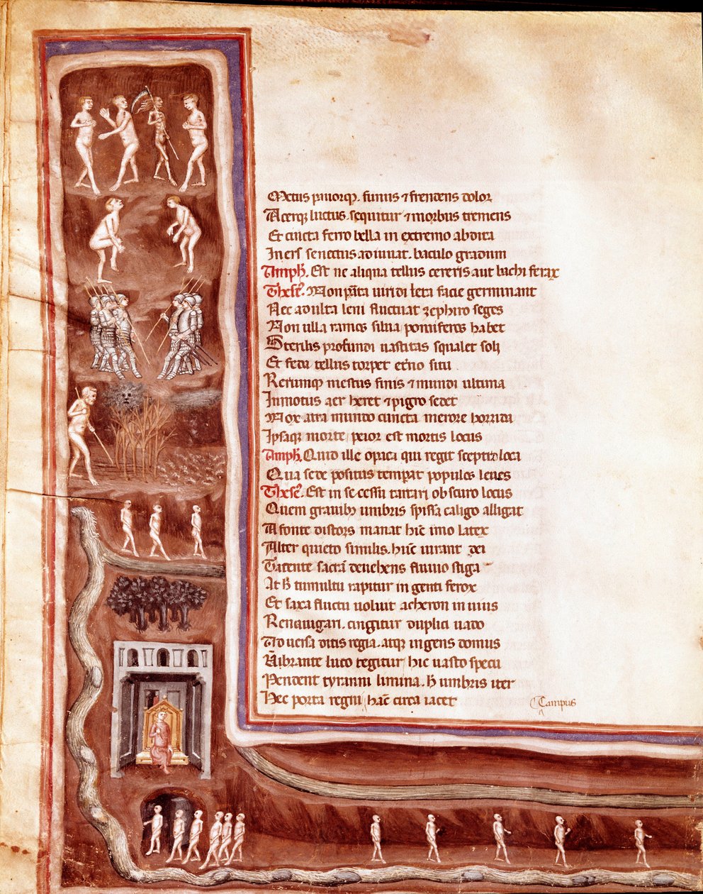Pohled na podsvětí, postavy a monstra, bloudící duše v kruzích podsvětí, ilustrace k Zběsilému Herculesovi od Seneque (Miniatura od Italian School
