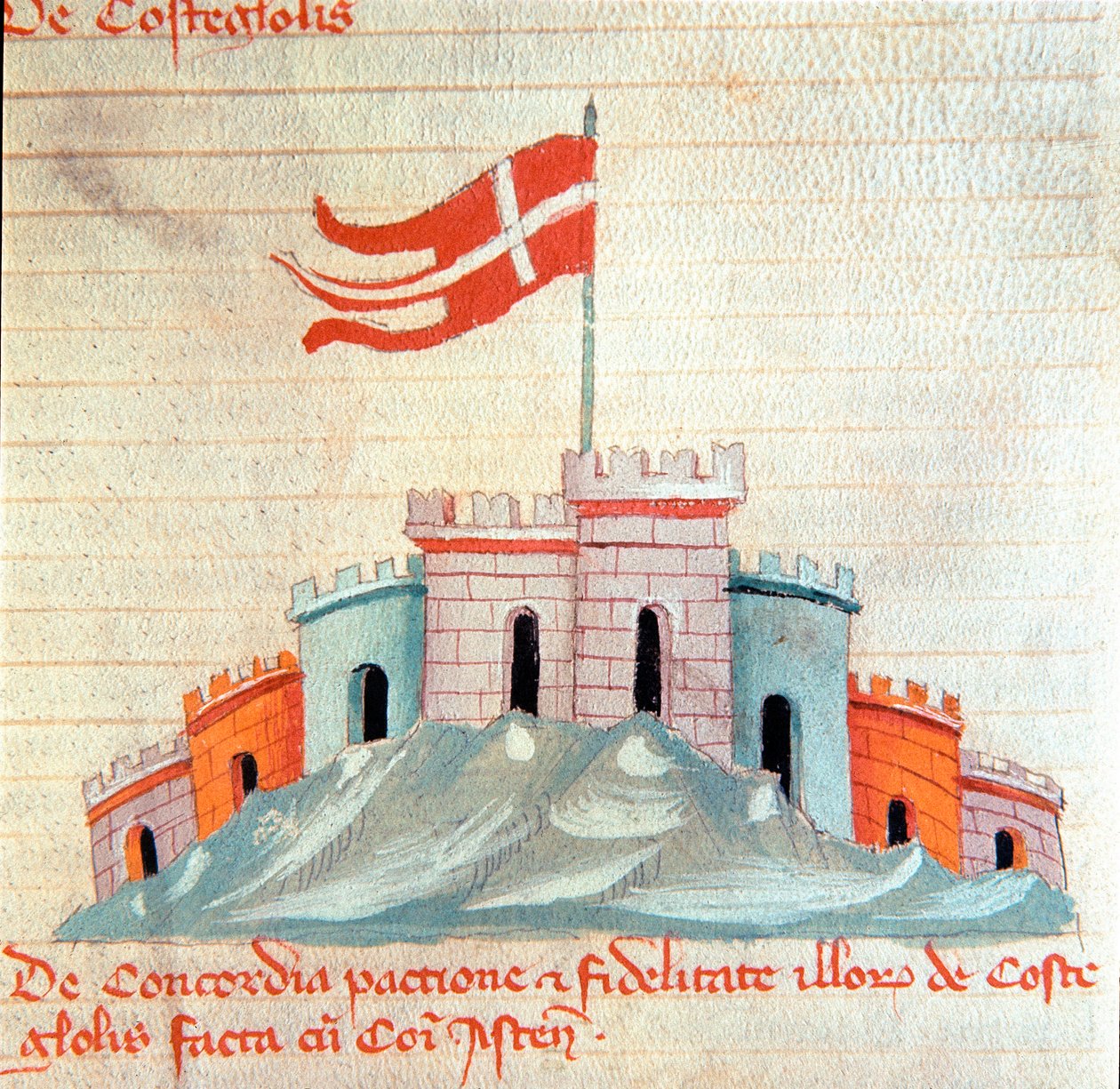 Pohled na hrad Castiglione v Toskánsku miniatura z „“ Codex Astensis““ (nebo Malabayla), kroniky o městě Asti mezi 1065 a 1353. 14. století. Zachovat ve starostovi Asti od Italian School