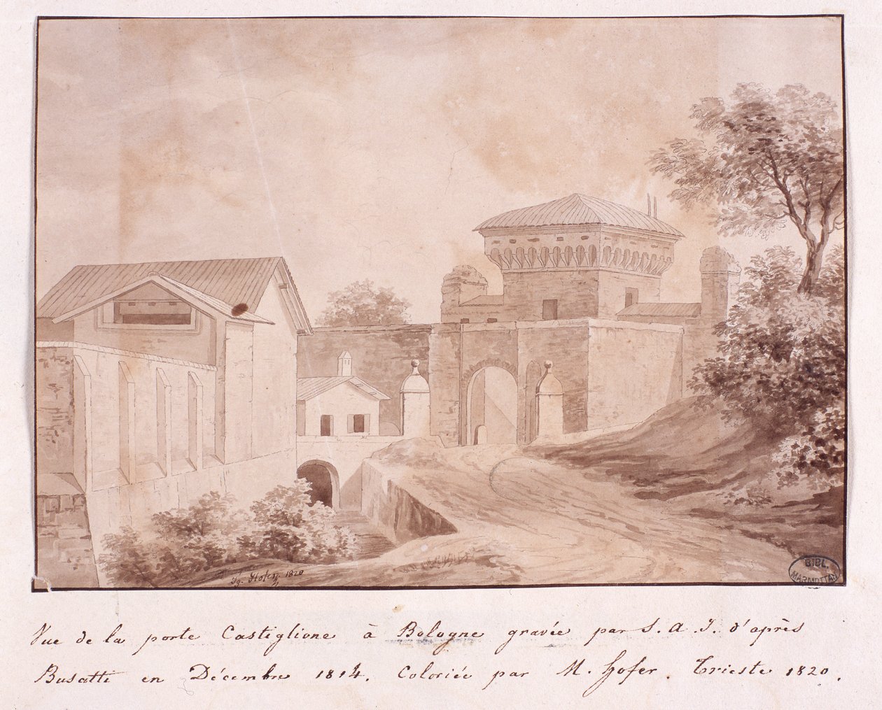 Pohled na bránu Castiglione v Bologni, vyrytý S.A.I. po Busatti, prosinec 1814 (barevná rytina) od Italian School