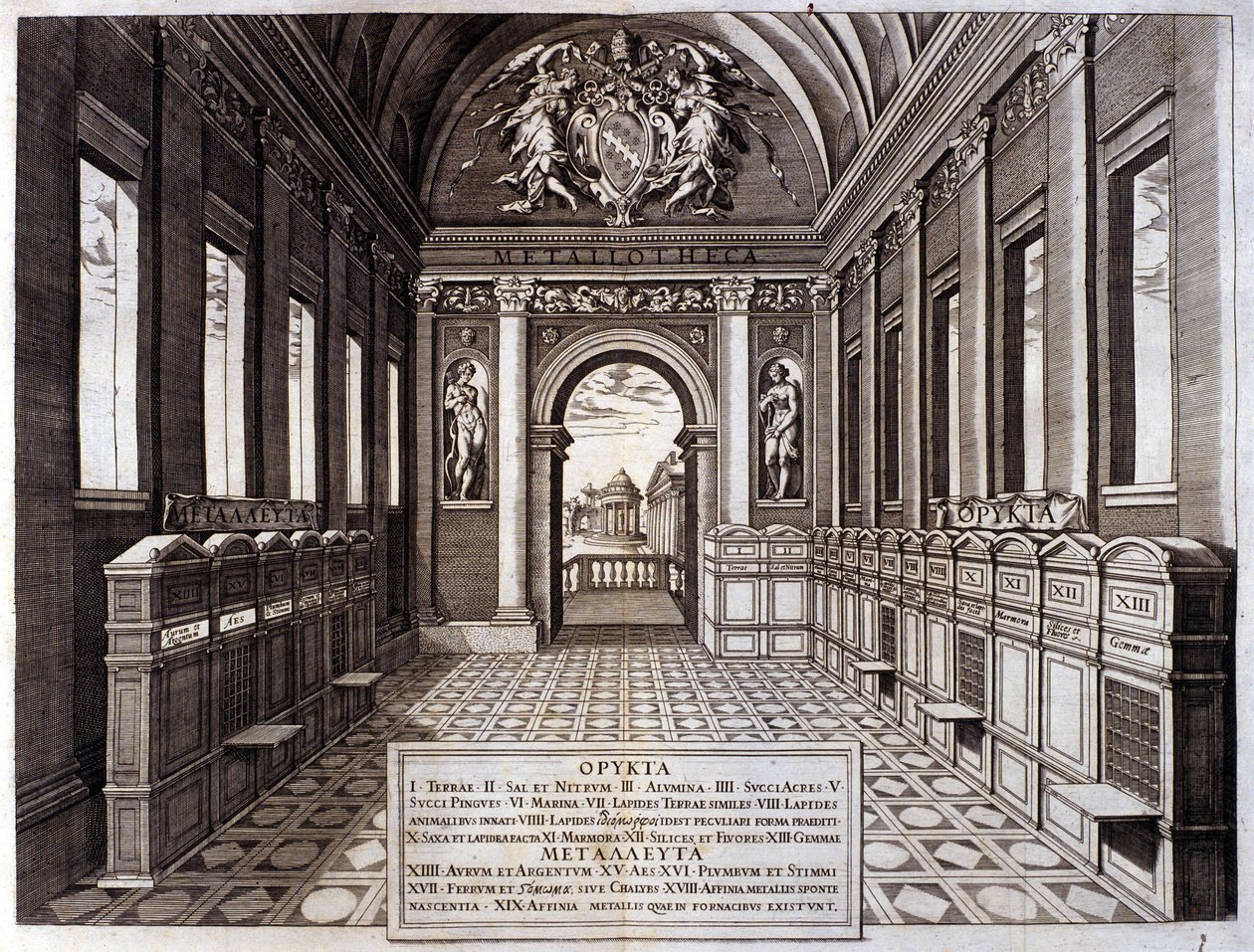 Pohled na muzeum Michele Mercatiho (1541-1595), správce vatikánské botanické zahrady. Rytina z „“ Metallotheca...“ Řím 1717 - 1719 od Italian School
