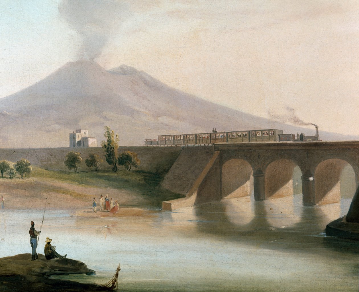 Pohled na železniční trať mezi Torre Annunziata a Nocera v Neapolské oblasti, která byla slavnostně otevřena v roce 1844, v pozadí je vidět Vesuv (Pohled na železniční trať mezi Torre Annunziata a Nocera u Neapole) - Malba Museo Nazio z 19. století od Italian School