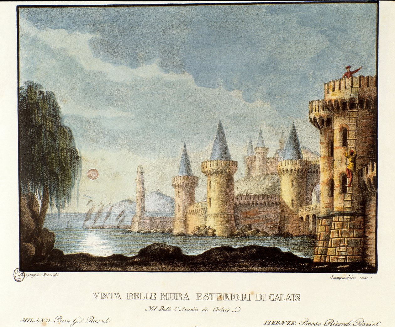„Pohled na hradby Calais v roce 1347 během stoleté války“, kulisy pro operu „Assedio di Calais“ (Obležení Calais) od Gaetana Donizettiho od Italian School