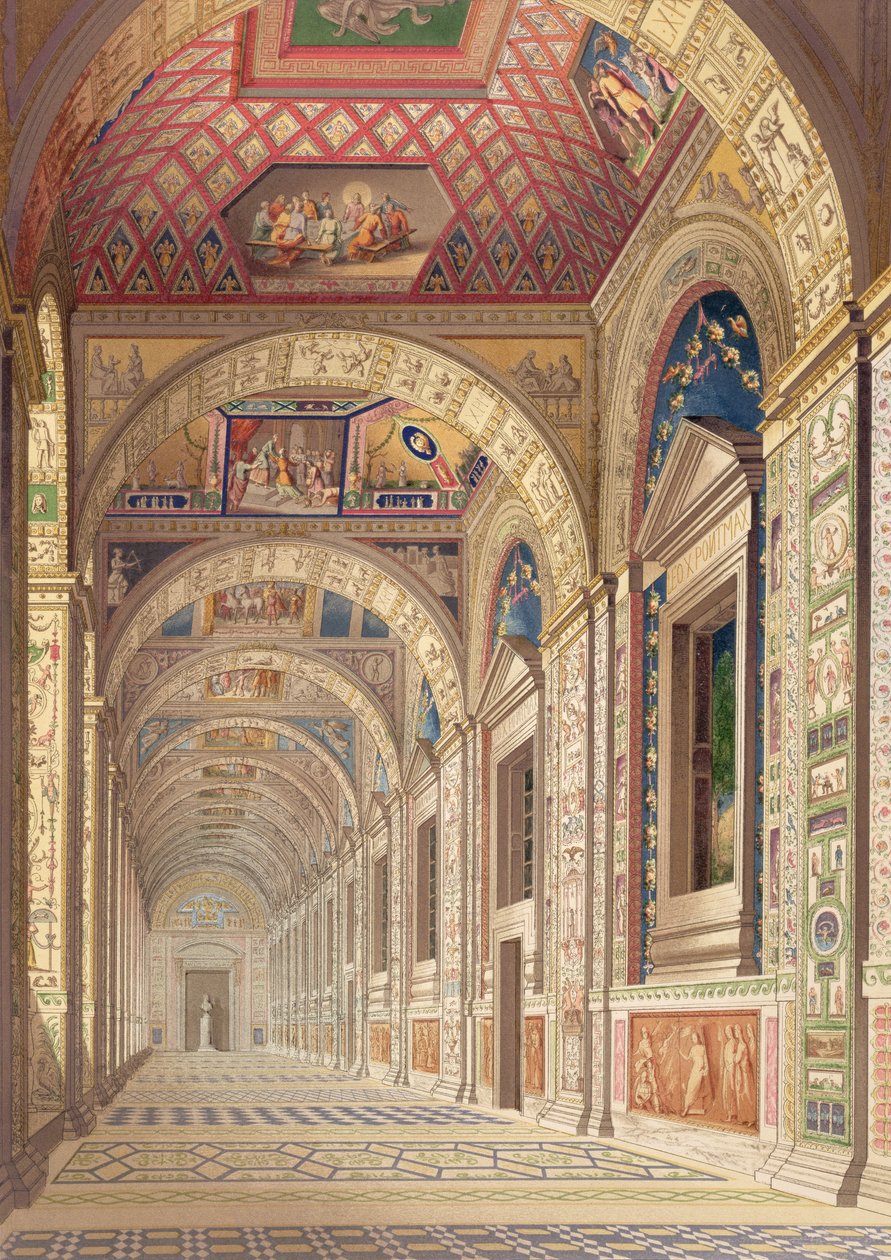 Pohled na lodžii ve Vatikánu ve druhém patře, s výzdobou od Raphaela, z Delle Loggie di Rafaele nel Vaticano, vydaná jako volný list ve vydání z roku 1814 (ručně kolorovaná rytina) od Italian School