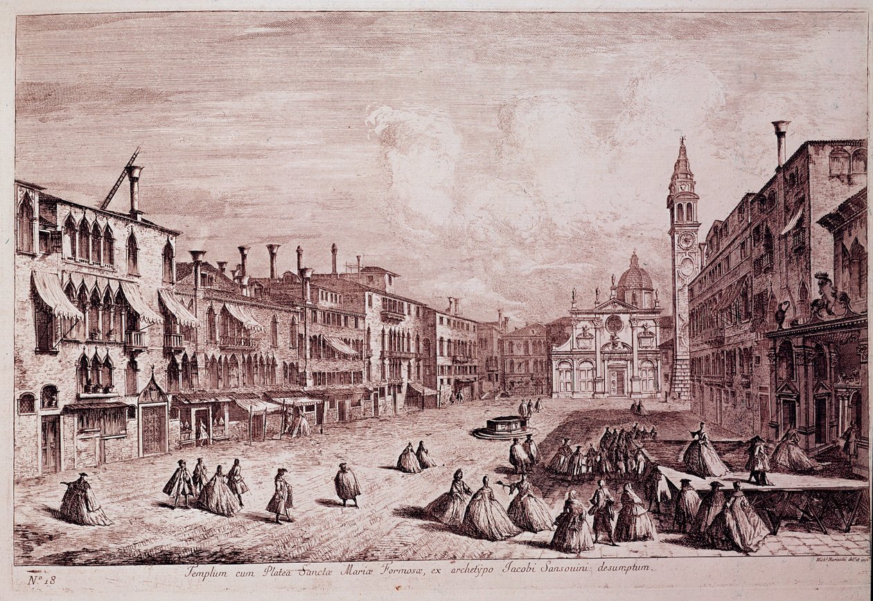 Pohled na náměstí kostela Santa Maria Formosa a Benátky Rytina z „Velkolepého a výběrového prospektu města Benátek“ od Michele Marieschi (1710-1743) 1741 Benátky, Museo Correr od Italian School