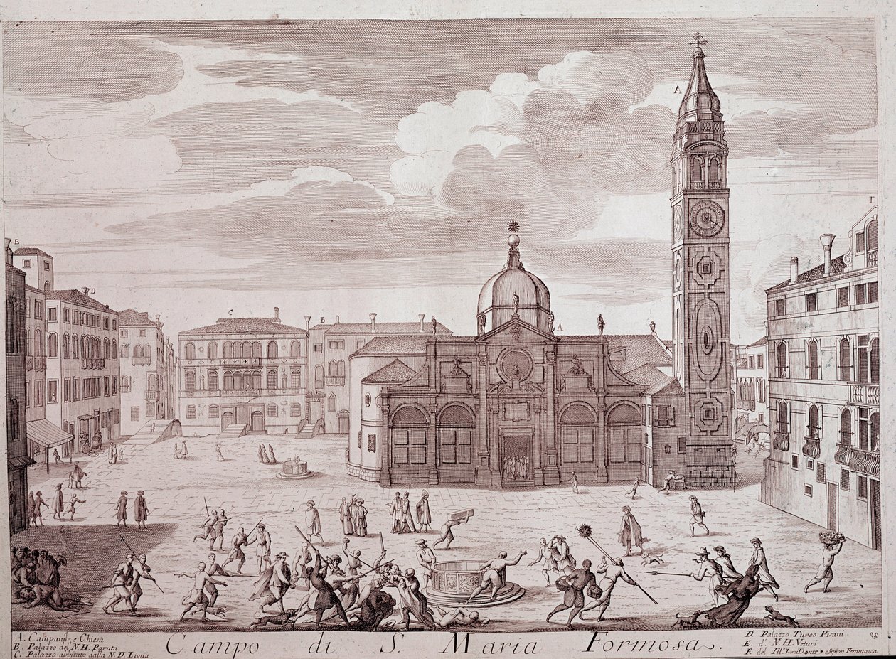 Pohled na náměstí kostela Santa Maria Formosa a Benátky Rytina z „“Teatro di Venezia”” Benátky 18. století, Museo Correr od Italian School