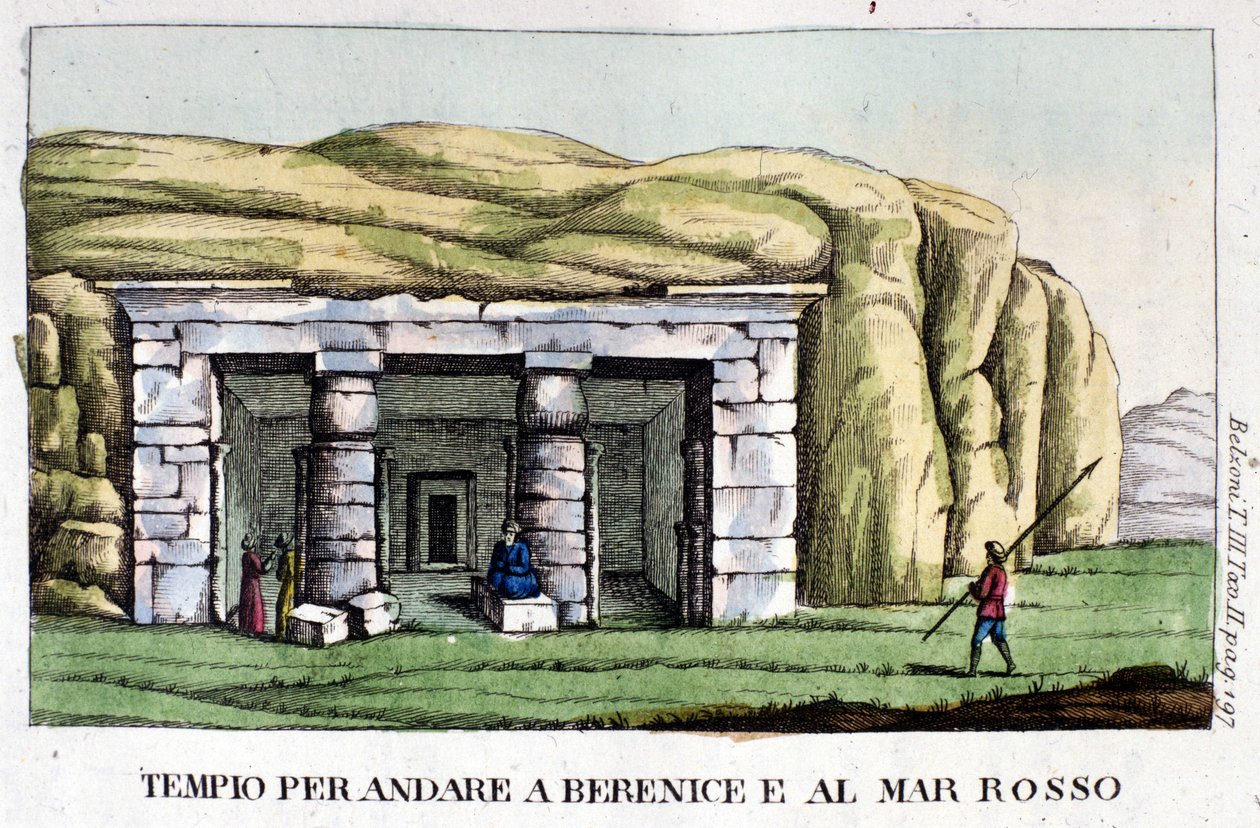 Pohled na chrám ležící na cestě do Berenice dnes Benghází a k Rudému moři. Autor, Giovanni Battista (Gianbattista) Belzoni (1778-1823), je italský badatel a archeolog, který učinil důležité archeologické objevy v Egyptě. Rytina od Italian School