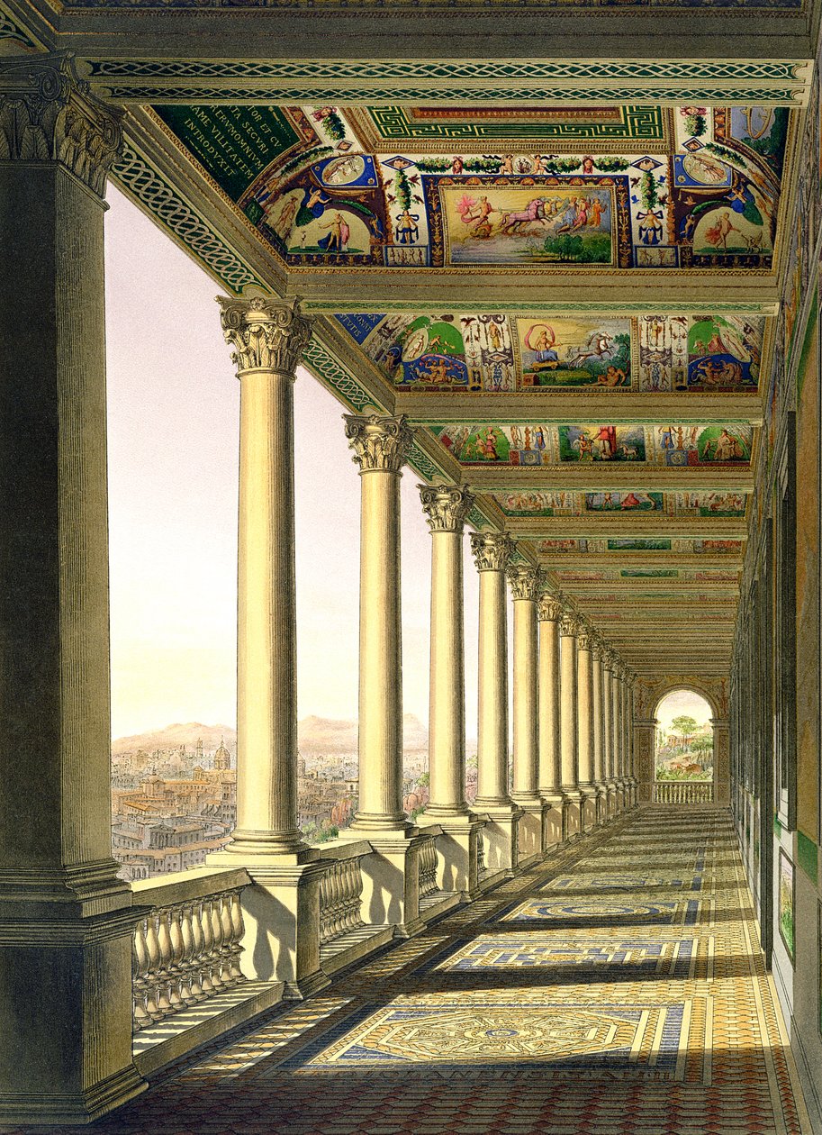 Pohled na lodžii ve Vatikánu ve třetím patře, s výzdobou od Raphaela, z Delle Loggie di Rafaele nel Vaticano, vydaná jako volný list ve vydání z roku 1814 (ručně kolorovaná rytina) od Italian School