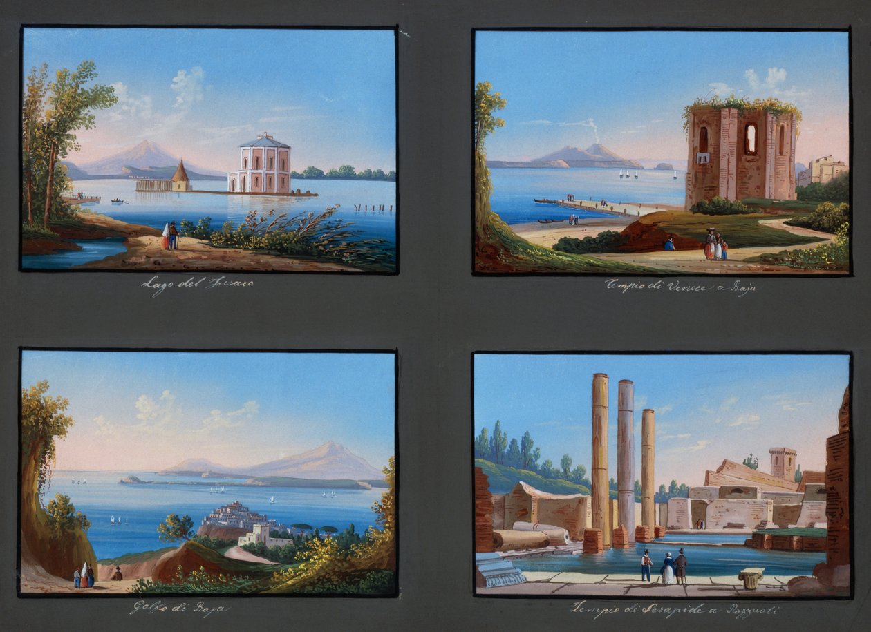 Pohledy na Flegrejská pole: jezero Fusaro, Venušin chrám v Baja, záliv Baja, chrám Serapis v Pozzuoli (kvaš) od Italian School