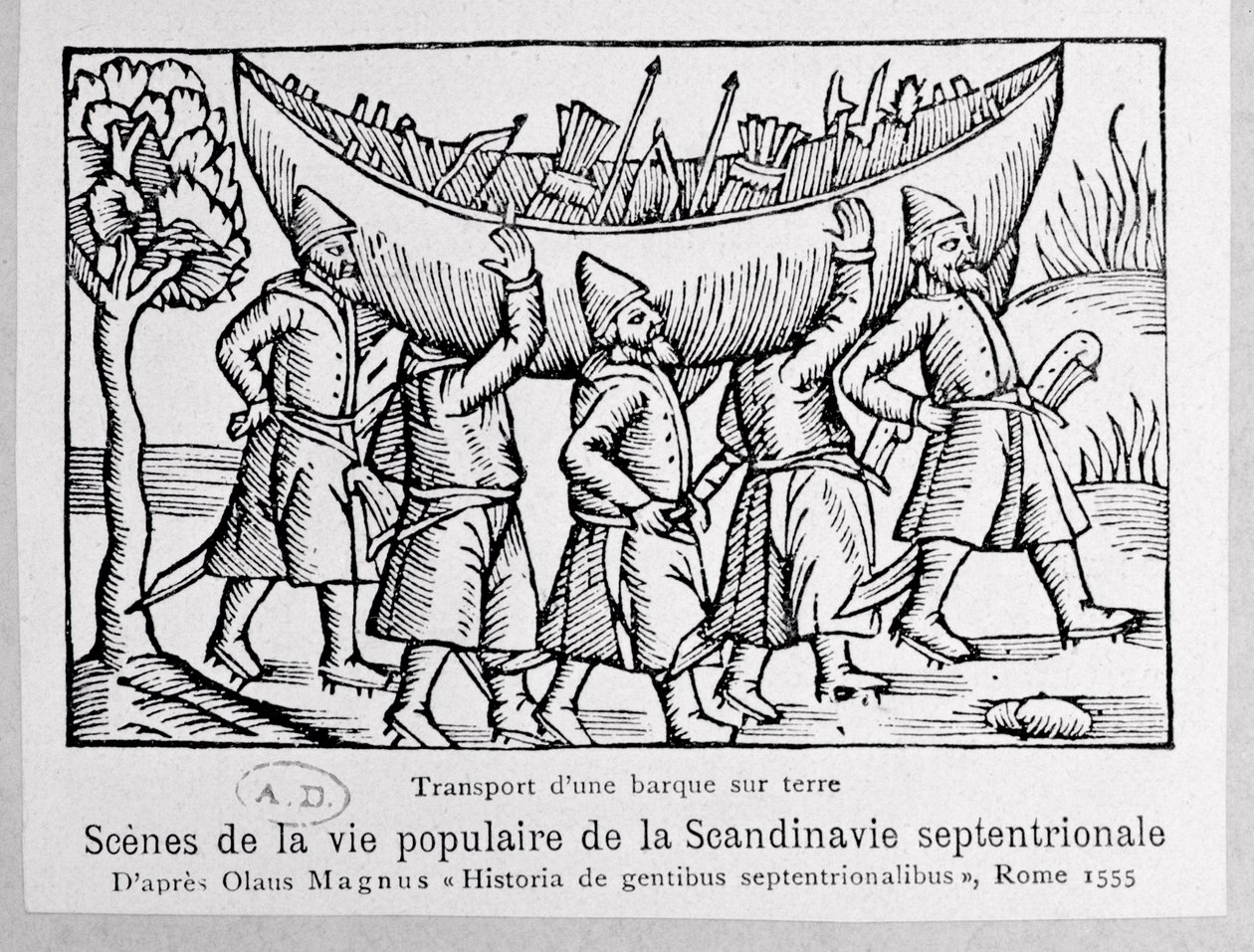 Vikingové nesoucí loď do Ruska, ilustrace z Historie severních národů od Olause Magnuse (1490-1558), vydaná v Římě, 1555 od Italian School