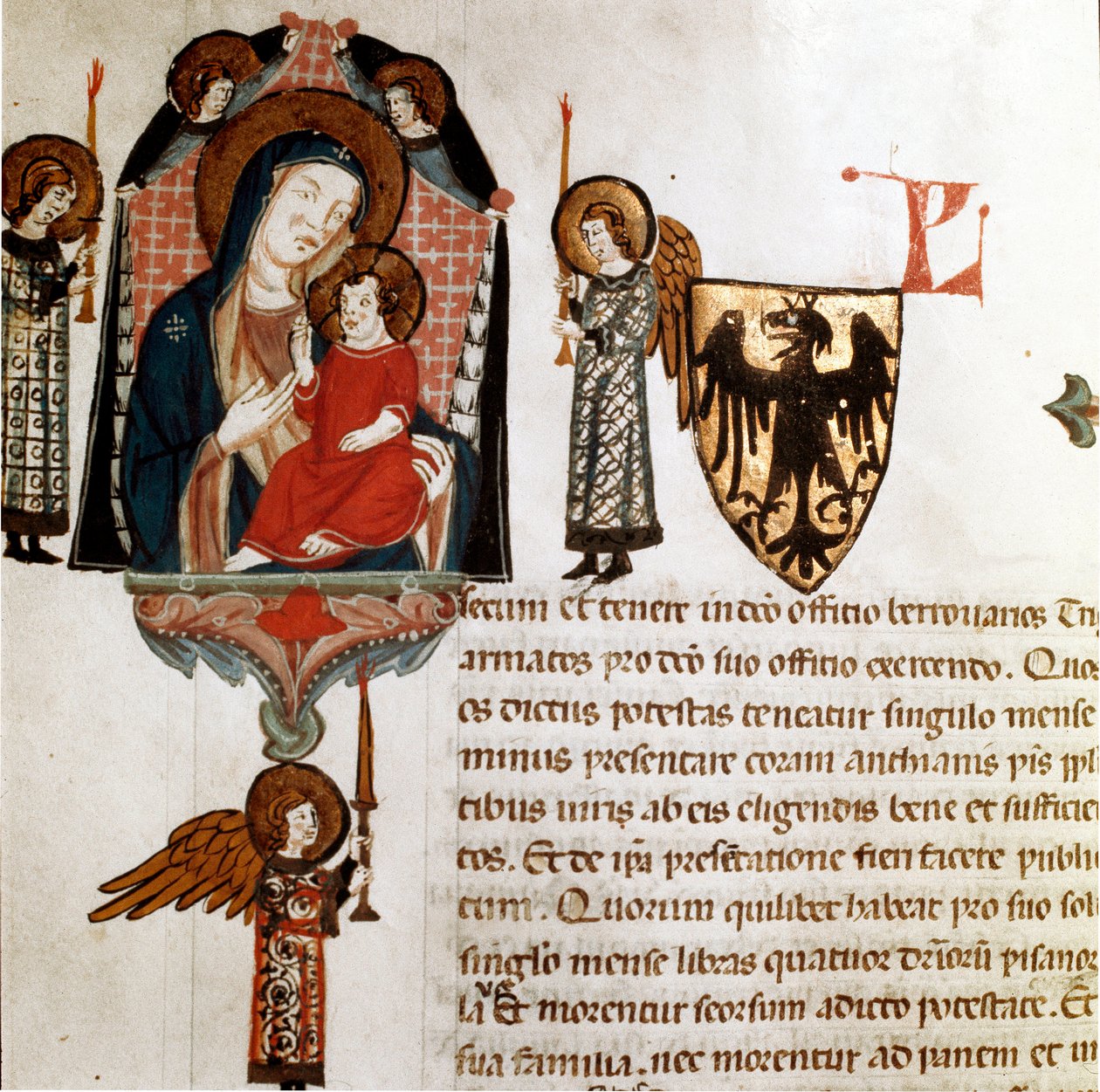 Detail panny a dítěte. Miniatura převzata z "Zápis lidí a Compagnias of Pisa Communis" (Statuty města Pisa) 1300-1308 Pisa archive di stato od Italian School