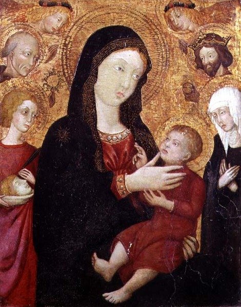 Panna s dítětem se S. Bernadino, Zikmundem, Klárou a Crescentiem, 2. polovina 15. století (tempera na panelu) od Italian School