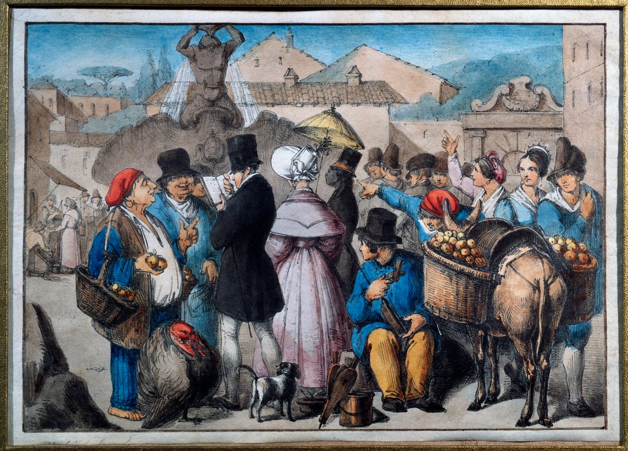 Pěší scéna v Římě Akvarel z Říma 19. století, museo del folklore od Italian School