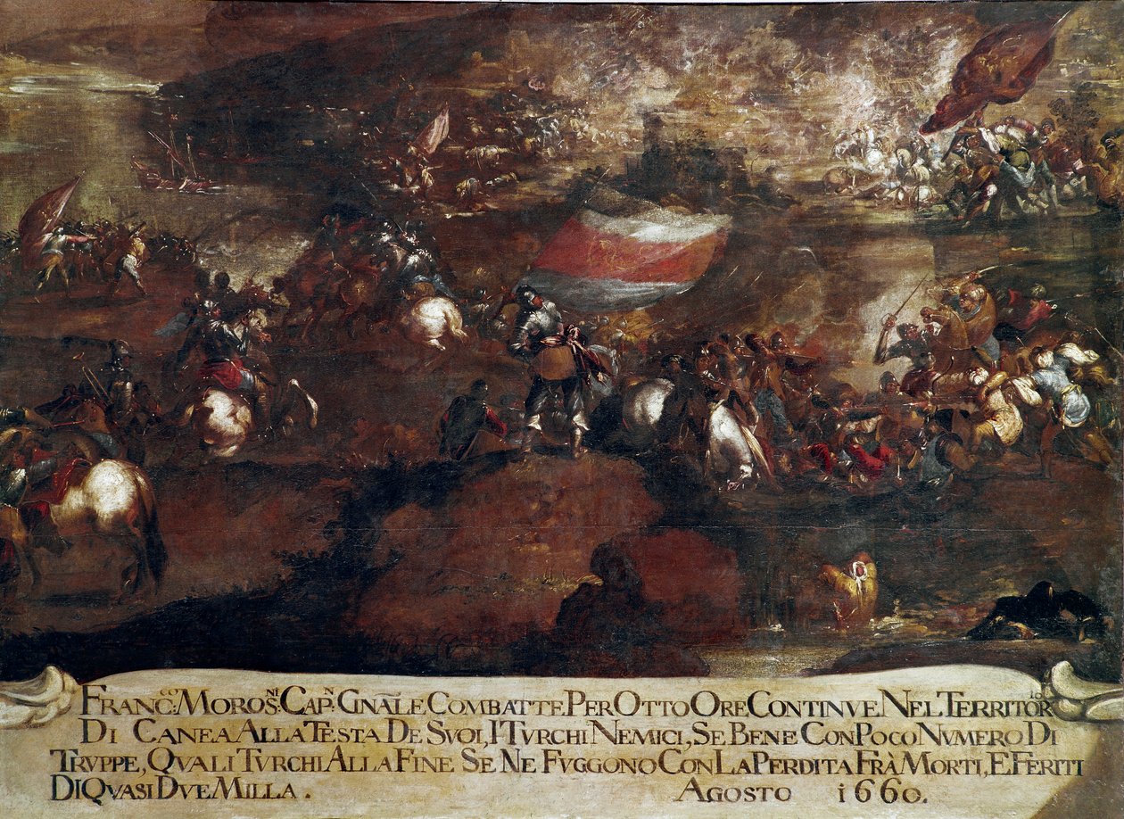 Válka o Candia (Kréta): „“ Bitva u Chanie vedená Francescem Morosinim (1619-1694) v srpnu 1660“ (Krétská válka (1645-69): útok na Caneu vedený Francescem Morosinim v srpnu 1660) Obraz Benátská škola od Italian School