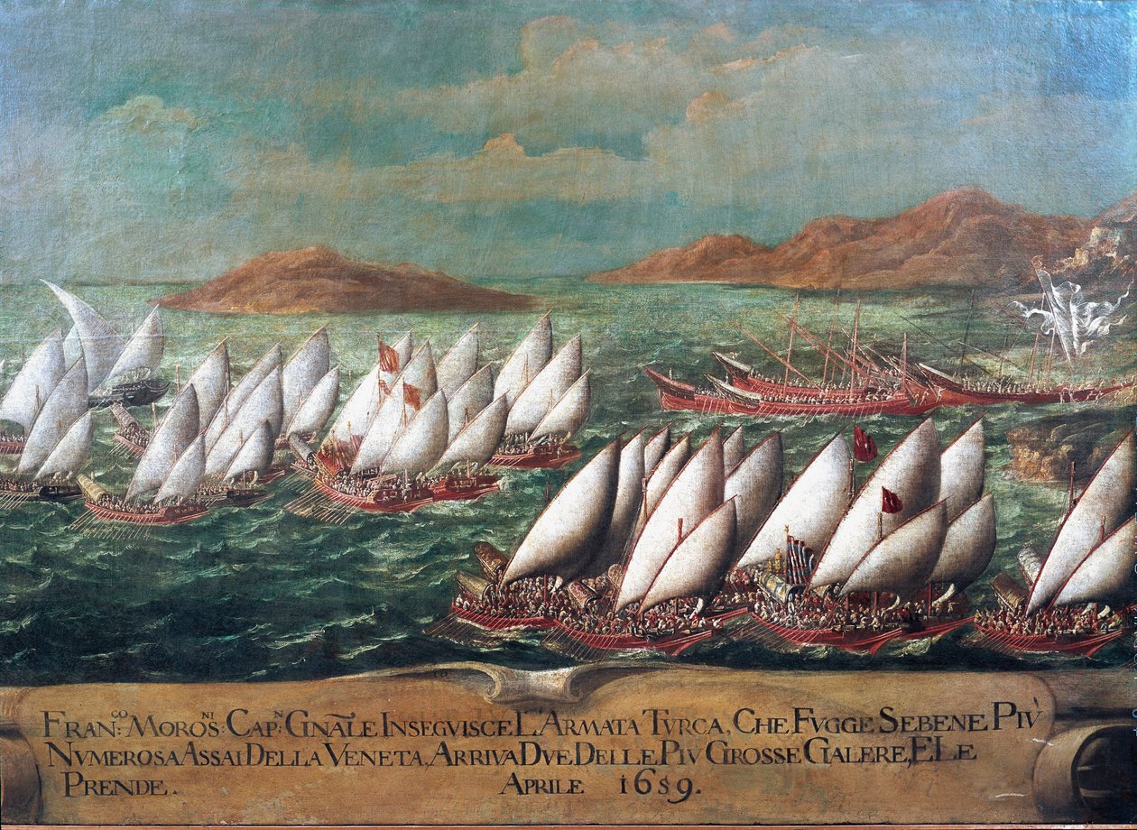 Válka o Candia (Kréta): benátská flotila během tažení vedeném dóžetem Francescem Morosinim proti Turkům v roce 1659 Malba benátské školy. 17. století - Benátky, Correrovo muzeum od Italian School