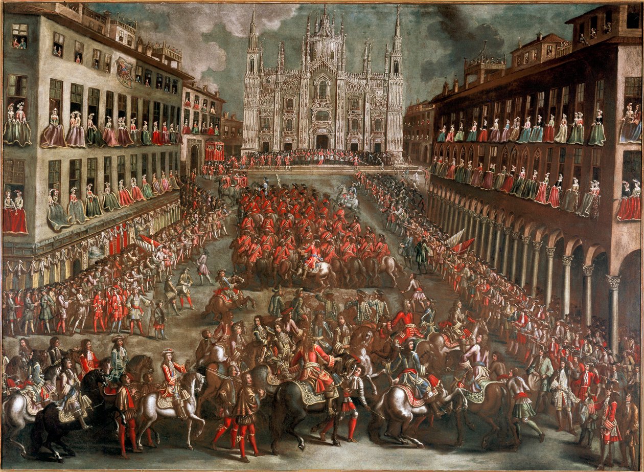 Válka o španělské dědictví: „“ Slavnosti pořádané na oslavu vstupu prince Eugenia di Savoia (1663-1736) do Milána v čele vítězné armády po bitvě u Turína dne 24. 9. 1706“ (oslava na Piazza Duomo v Miláně pro vítěze od Italian School