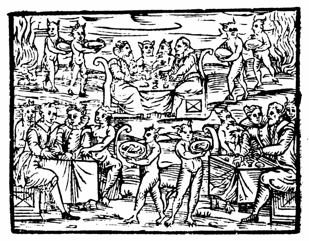 Čarodějnice a čarodějové hodující o sabatu, ilustrace z Compendium Maleficarum od Francesca Maria Guazza, 1608 od Italian School
