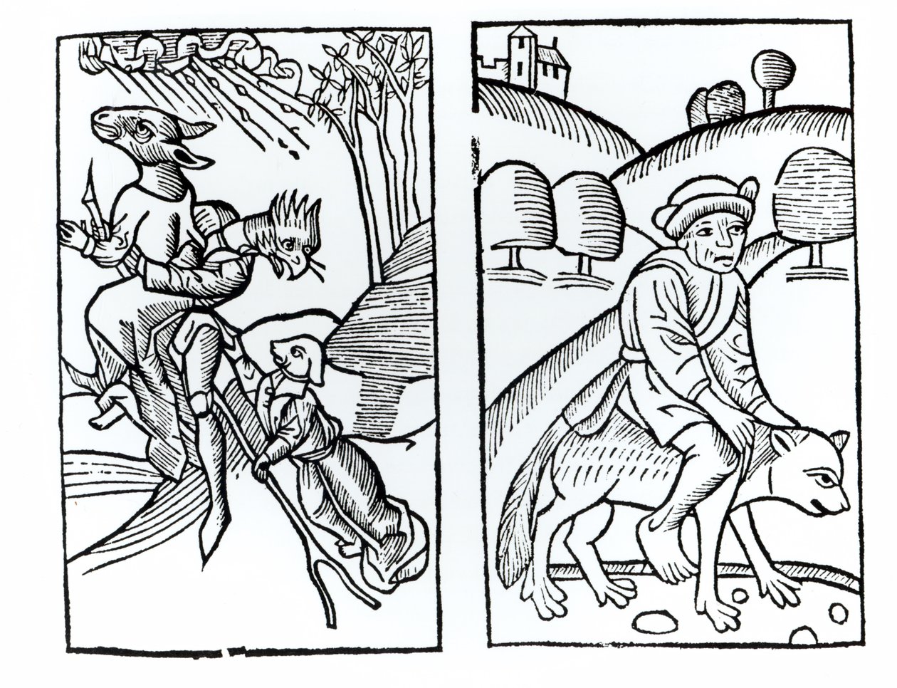 Čarodějnice převlečené za zvířata jedoucí na koštěti (vlevo) a čarodějnice jedoucí na vlku (vpravo), kopie ilustrací z Compendium Maleficarum od P. M. Guaccius, Milán 1608, použité v Dějinách magie od Italian School