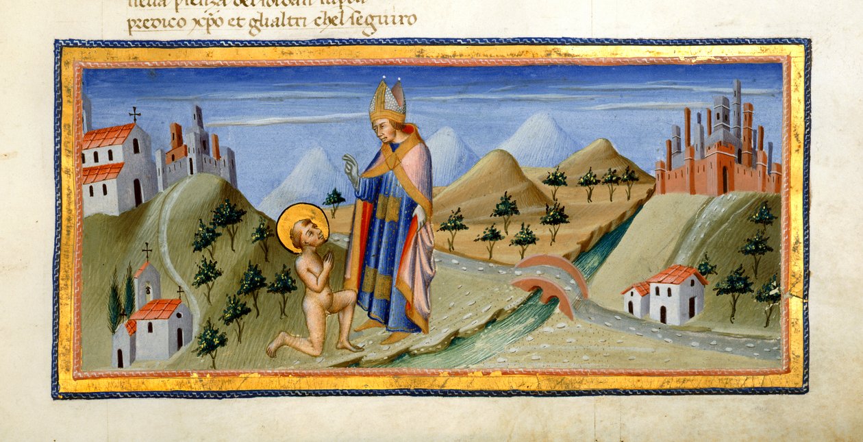 Yates Thompson 36, f.149, Nahá postava sv. Františka, přijímá požehnání biskupa z Assisi, od „Divina Commedia“ od Dante Alighieriho, kolem 1444-50 (vellum) od Italian School