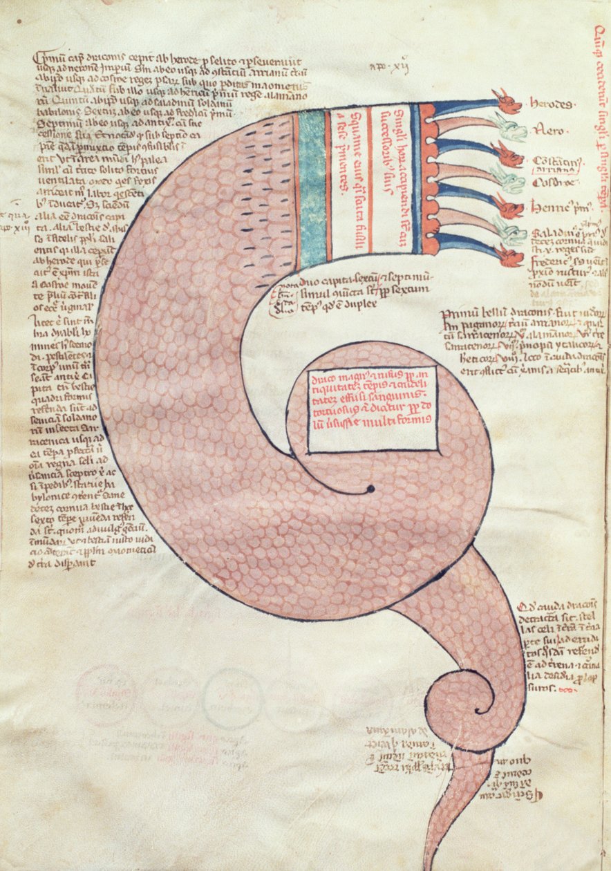 ms.ASPi, C.M 15, c.3v Strana textu s apokalyptickým drakem, z Liber Figurarum e le Proemisssiones Gioachimitiche od Joachima z Flory (asi 1132-1202) od Italian School