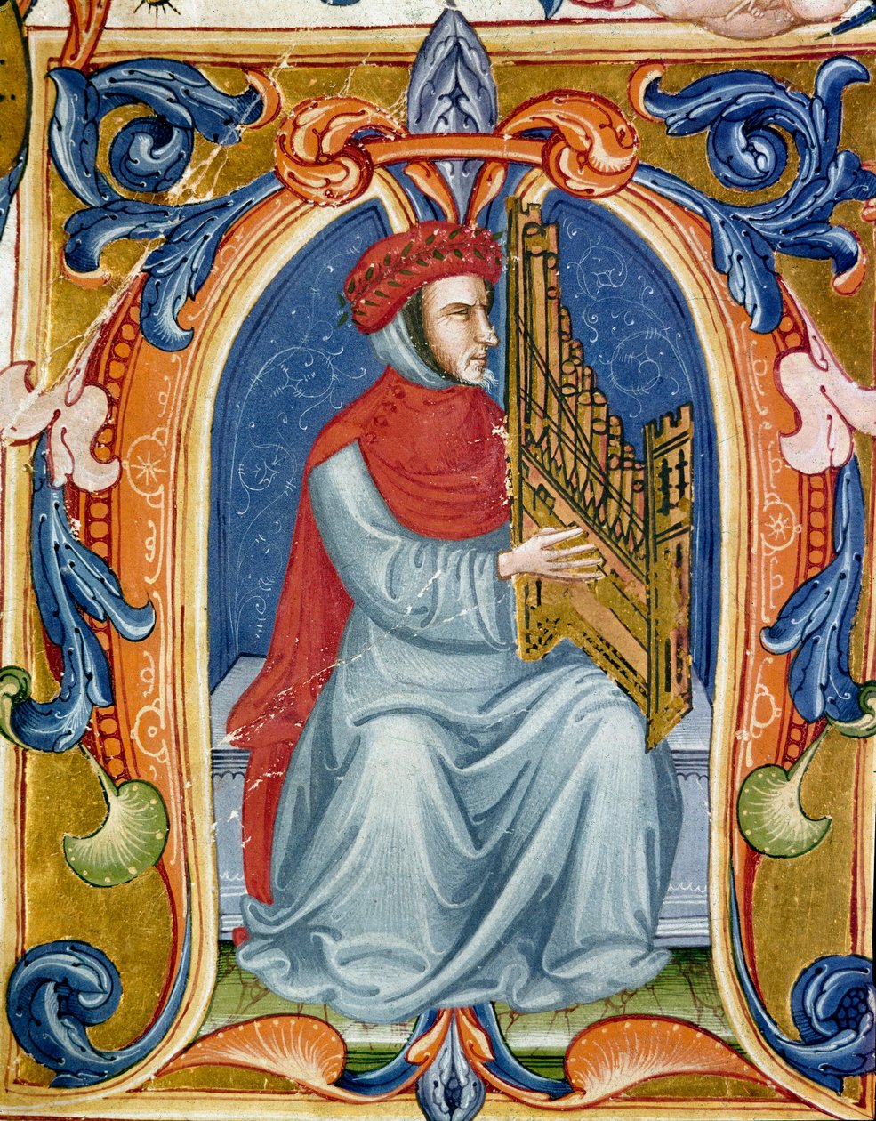 portrét Francesca Landiniho nebo Landina hrajícího na varhany (1325 1397) italský skladatel, varhaník, zpěvák, básník. Miniatura Codexu Squarcialupi z 15. století. Firenze, Library Laurenziana, paní Med. Kamarád. 87. od Italian School