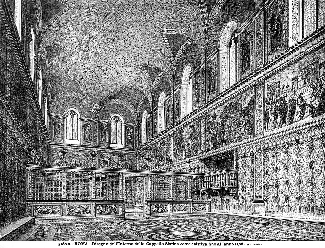 Kresba zobrazující interiér Sixtinské kaple před rekonstrukcí v roce 1508 od Italian School Italian School