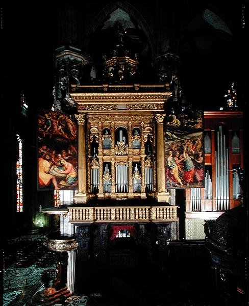 Pohled na varhany, (1559-1602) vytvořil Giuseppe Meda (fl.1551 d.1599), Ambrogio Giovanni Figino (1548-1608) a Camillo Procaccini (1555-1629) od Italian School Italian School
