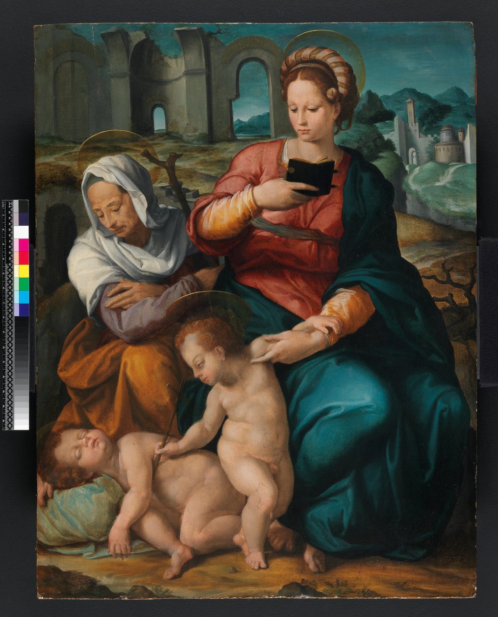 Panna s dítětem se svatou Alžbětou a novorozencem, Florentine (panel) od Italian School Italian School