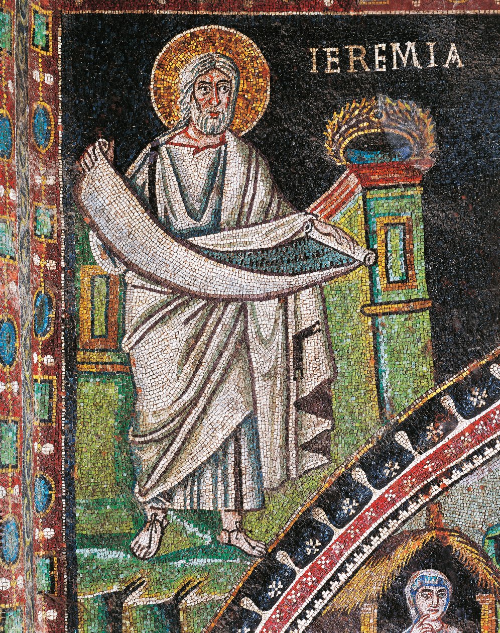 Prorok Jeremiáš, mozaika, vlevo od lunety, severní stěna presbytáře, bazilika San Vitale (Seznam světového dědictví UNESCO od Italian School