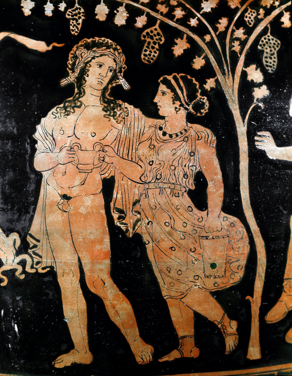 Detail vázy z Ruvo v Puglii (Puglia) zobrazuje pár mladých manželských párů. V rukou drží pohár vína. 4. století před naším letopočtem. Museo Archeologico Nazionale Neapol od Italic