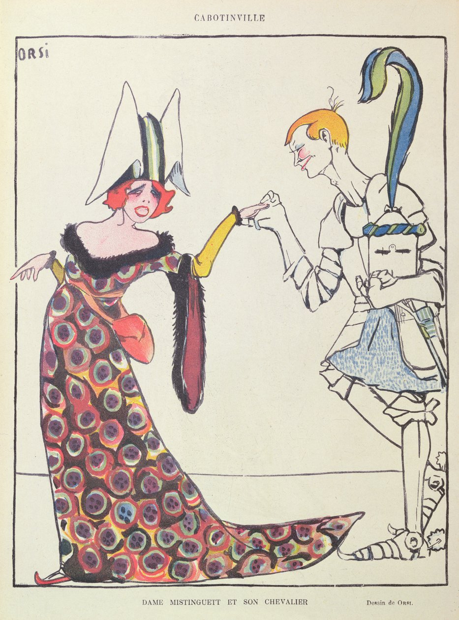 Mistinguett (1875-1956) a jeho rytíř, karikatura z ‚Le Rire‘ od Italo Orsi