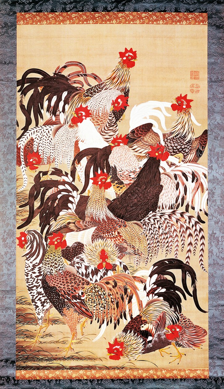 Třináct kohoutů, z knihy Doshoku Sai-e (Barevná říše živých bytostí), období Edo. cca 1757-66 (barva na hedvábí) od Ito Jakuchu
