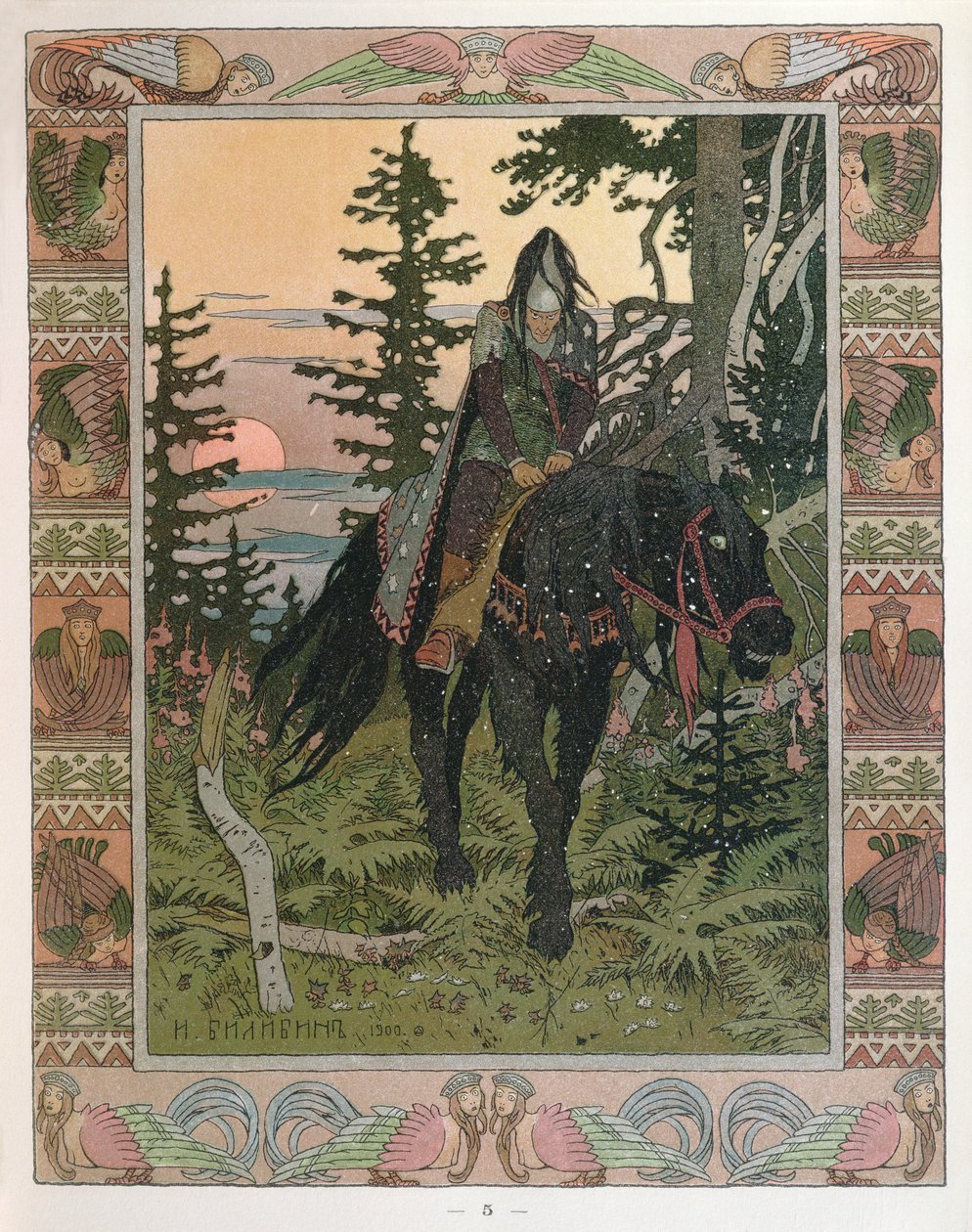Černý jezdec, epizoda z ruské pohádky ‚Vasilisa krásná‘, 1900 od Ivan Yakovlevich Bilibin