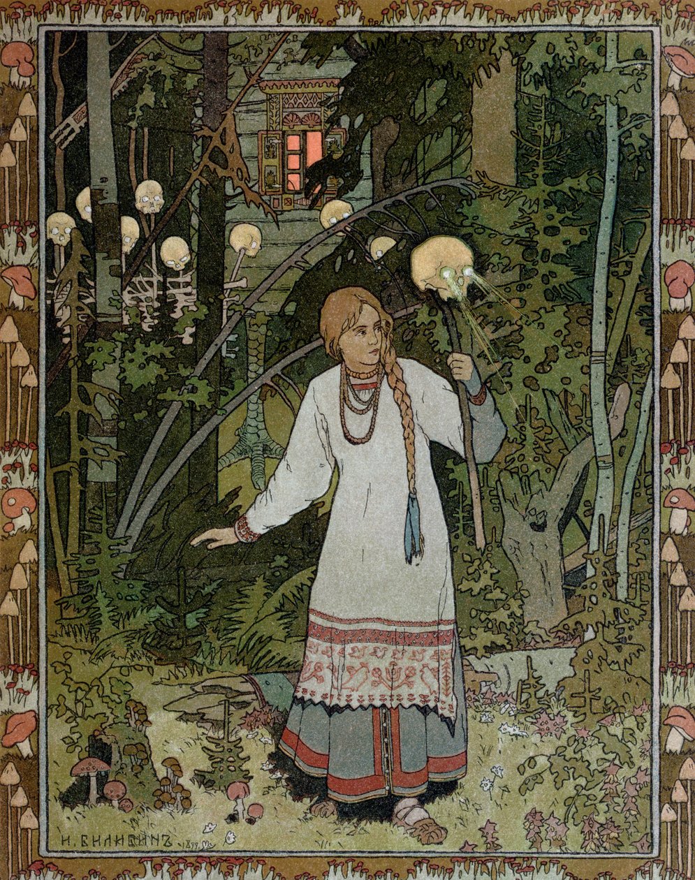 Vassilissa v lese, ilustrace z ruské lidové pohádky, „Velmi krásná Vassilissa“, 1899 od Ivan Yakovlevich Bilibin