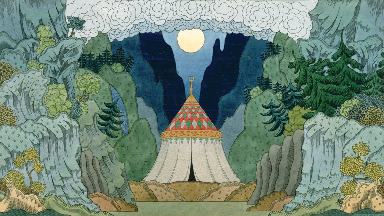 Náčrt pro operu „Zlatý kohoutek“ od Nikolaje Rimského-Korsakova (1844-1908), 1909 od Ivan Yakovlevich Bilibin
