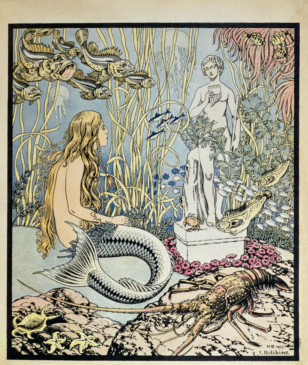 Malá mořská víla před sochou v moři, ilustrace k pohádce Hanse Christiana Andersena (1805-1975), z "Album du Pere Castor" vydaného nakladatelstvím Flammarion, 1937 (barevná rytina) od Ivan Yakovlevich Bilibin