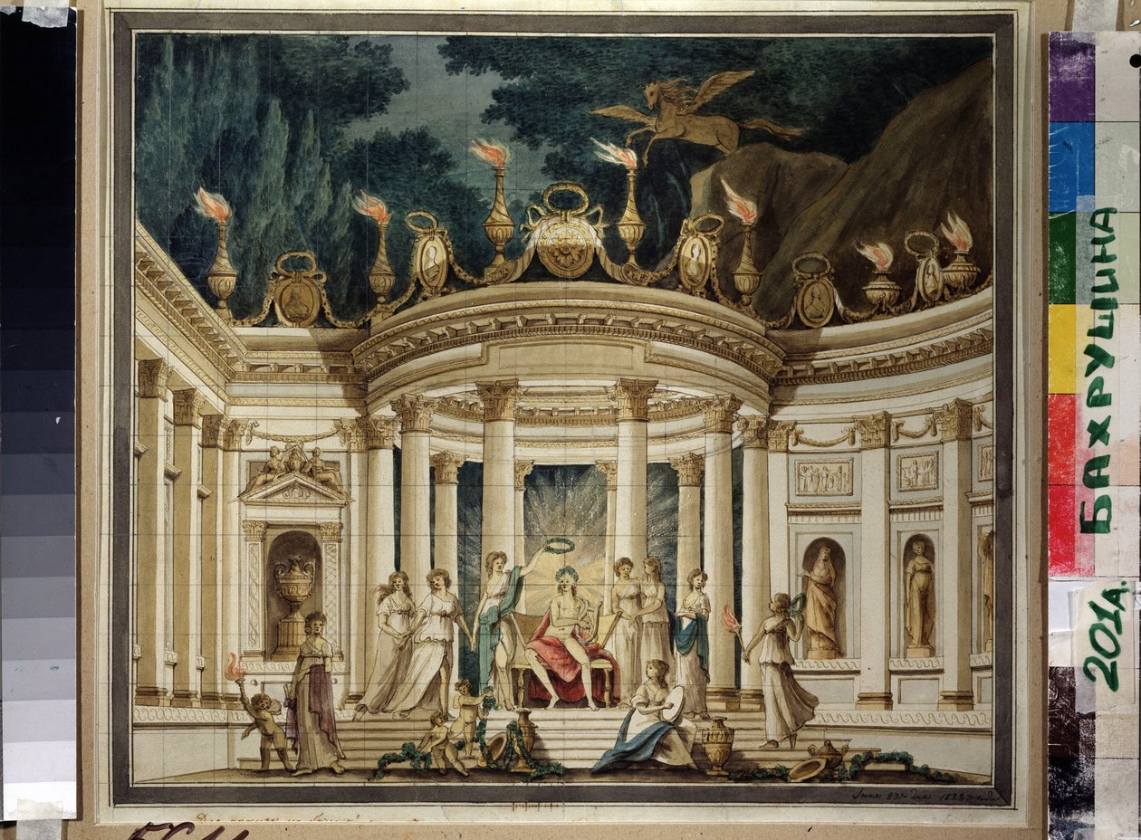 Triomphe des Muses. Projet du rideau pour le prologue musical od Alexandra Alyabyeva (1787-1851) a Alexise Verstsovského (1799-1863). (Triumf múz. Návrh opony pro hudební prolog A.Alyabyeva a A.Verstovského). Starožitný dekor s Apollonem, od Ivan Alekseevich Ivanov