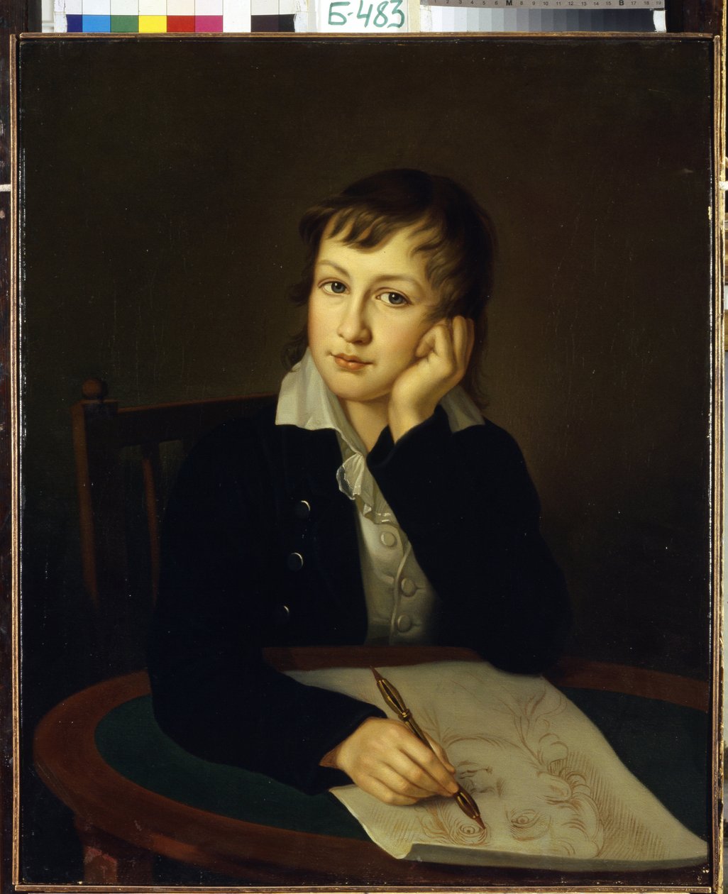 Portrét hraběte Alexandra Nikolajeviče Mordvinova (1799-1858). (Portrét hraběte A.N. Mordvinova). Mladý teenager u svého stolu, držel si hlavu a mechanickou tužku, pozoroval tvář malíře, jehož tvář kreslí. Obraz Ivana Alexejeviče od Ivan Alekseevich Tyurin
