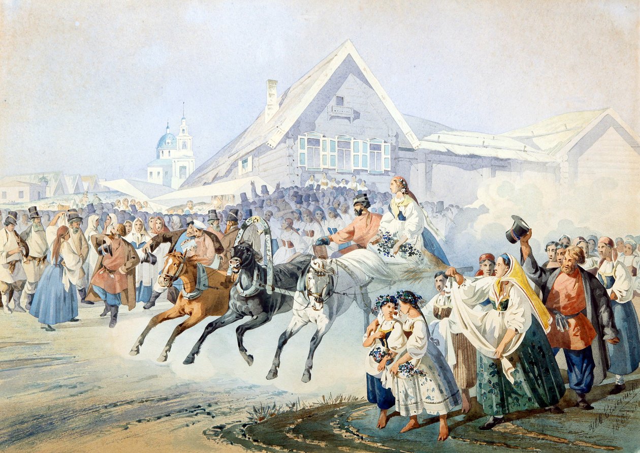 Scene de mariage - Svatební scéna par Golyshev, Ivan Alexandrovič (1838-1896), - Litografie, akvarel, 33,5x47 - Soukromá sbírka od Ivan Alexandrovich Golyshev