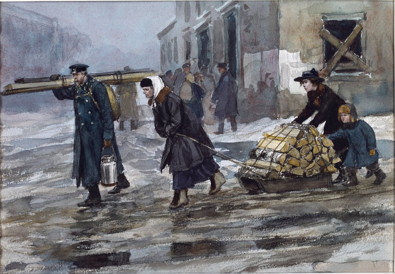 Rodina inženýra, který vláčí domů nějaké palivo Vladimirov, Ivan Alexejevič (1869-1947). Akvarel, kvaš na papíře od Ivan Alexeyevich Vladimirov
