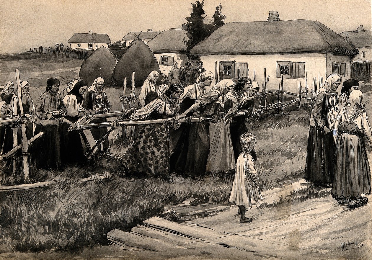 Náboženský cholerový průvod na ruském venkově ze série akvarelů Ruská revoluce, od Ivan Alexeyevich Vladimirov