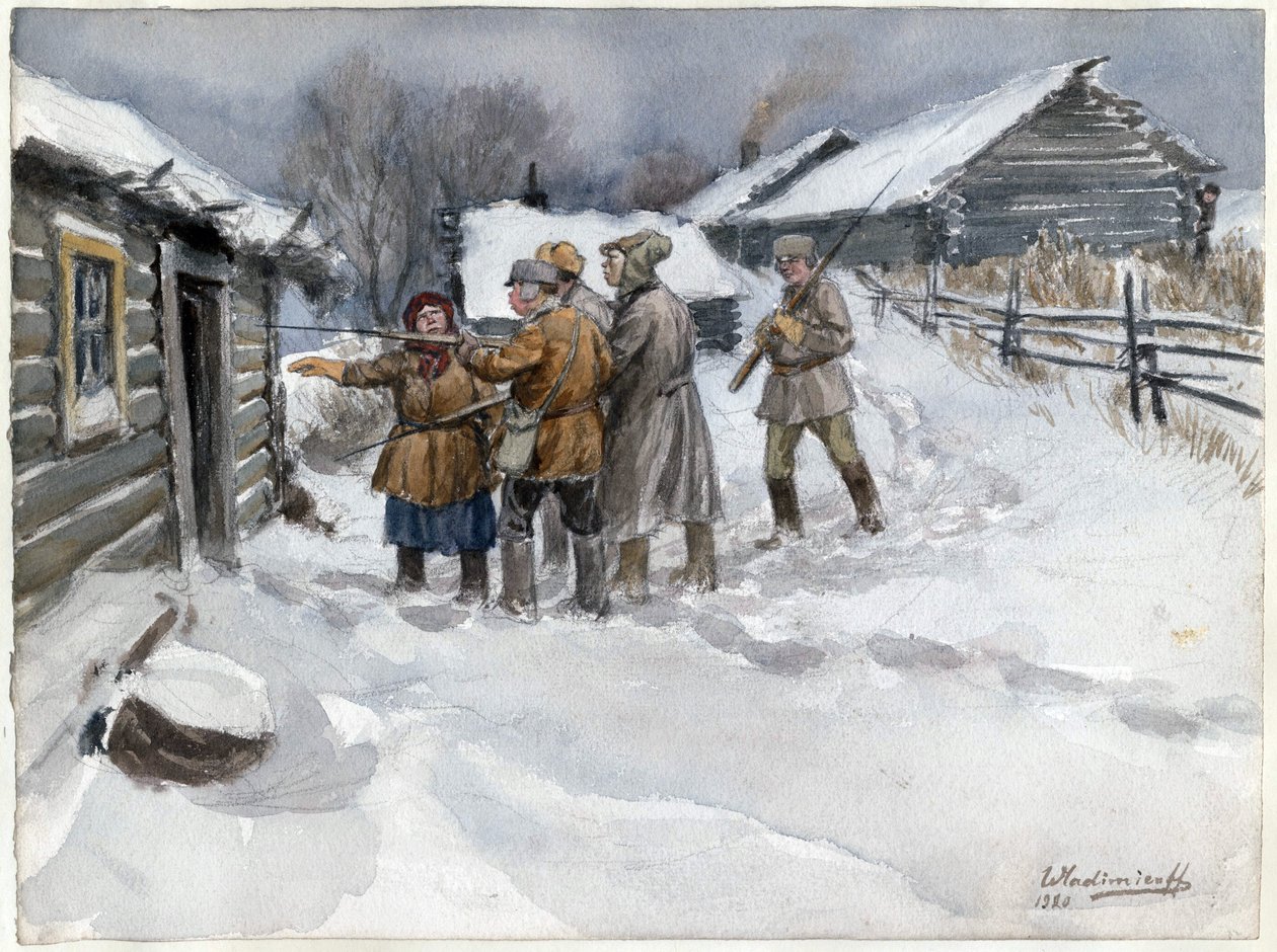Avant la perquisition et la saisie - Před prohlídkou a zabavením (ze série akvarelů Ruská revoluce) - Vladimirov, Ivan Alexejevič (1869-1947) - 1920 - Akvarel na papíře - 25,6x34,3 - Soukromá sbírka od Ivan Alexeyevich Vladimirov