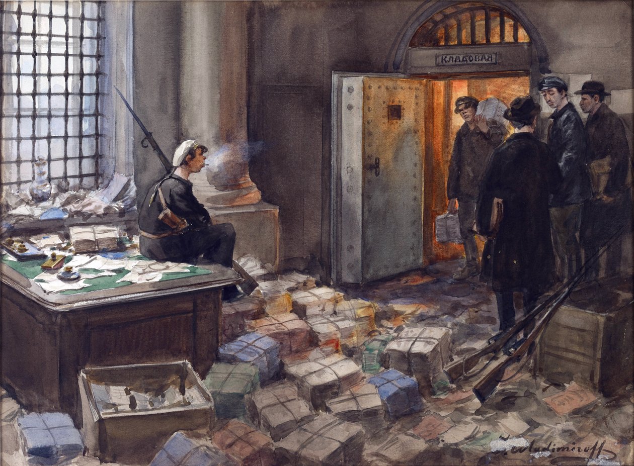 Konfiskace dluhopisů ve Wawelbergské bance v Petrohradě Vladimirov, Ivan Alexejevič (1869-1947). Akvarel, kvaš na papíře od Ivan Alexeyevich Vladimirov