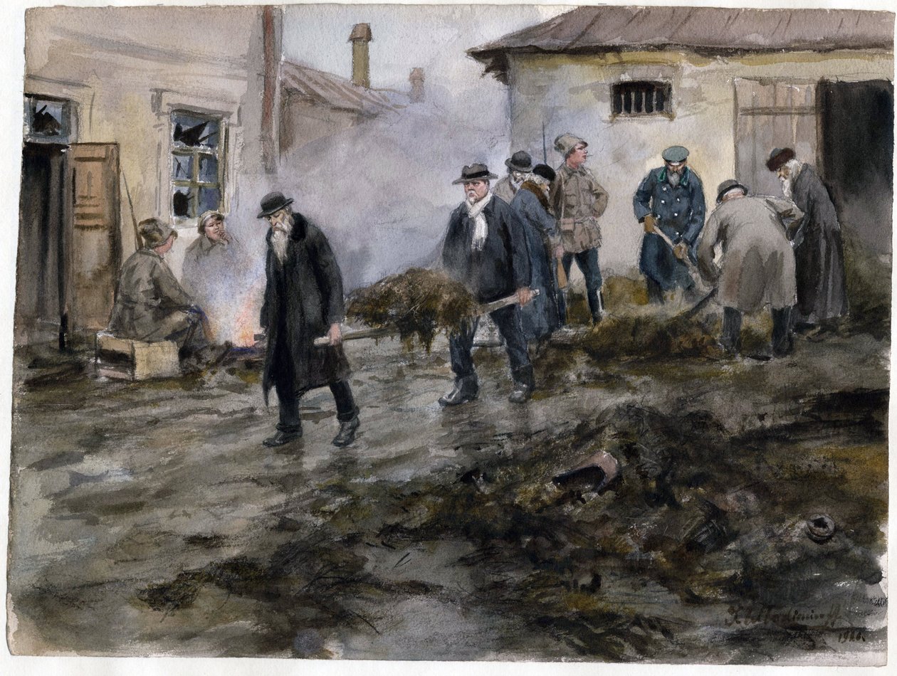 Buržoazní nettoyant une etable - Buržoazie čištění stájí (ze série akvarelů Ruská revoluce) - Vladimirov, Ivan Alexejevič (1869-1947) - 1920 - Akvarel na papíře - 25,8x34,4 - Soukromá sbírka od Ivan Alexeyevich Vladimirov