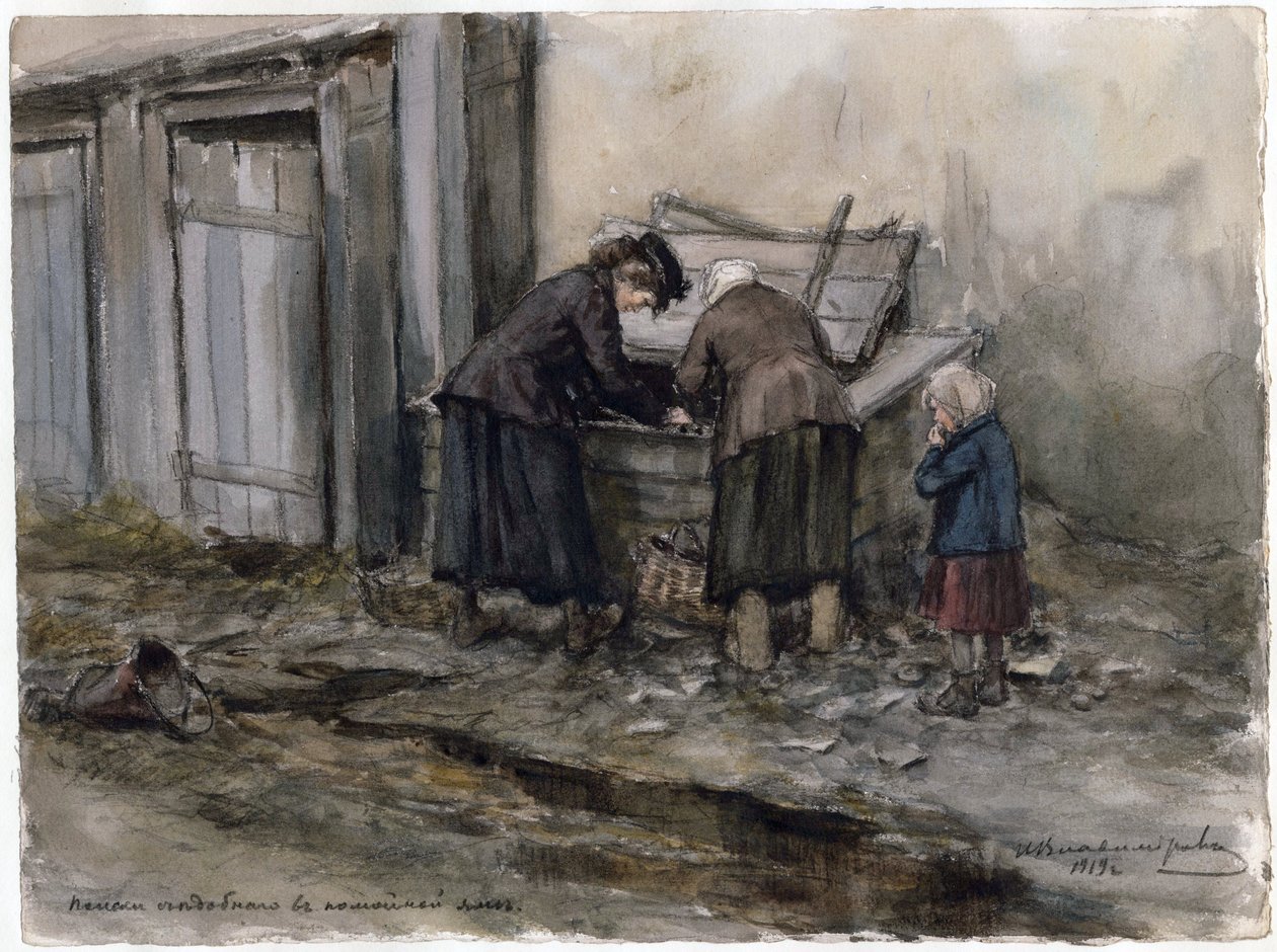 Dvě ženy a dítě hledající jídlo v odpadkovém koši - Dvě ženy a dítě hledající v odpadkovém koši (ze série akvarelů Ruská revoluce) - Vladimirov, Ivan Alexejevič (1869-1947) - 1919 - Akvarel na papíře - 25 ,8x34 ,5 - P od Ivan Alexeyevich Vladimirov