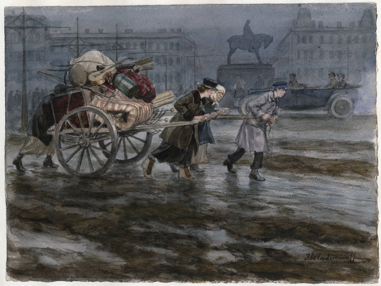 Famille demenageant ses affaires dans une charrette a bras - Family moving its belongings on cart (from the series of watercolors Russian revolution) - Vladimirov, Ivan Alexeyevich (1869-1947) - 1917-1918 - Watercolour on paper - 25,9x34,3 - Private Collec od Ivan Alexeyevich Vladimirov