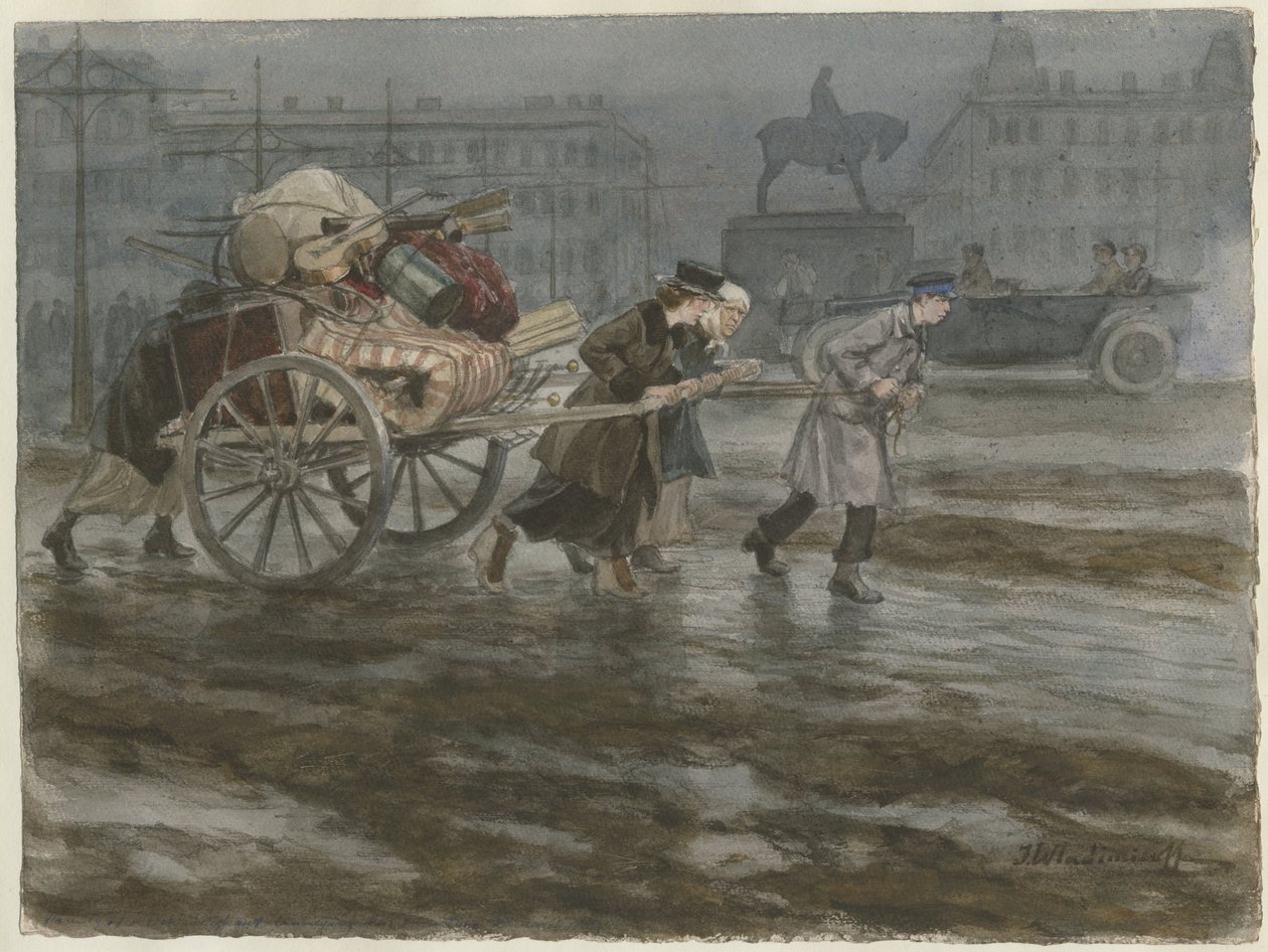 Rodina stěhující své věci na vozíku ze série akvarelů Ruská revoluce, 1917-1918 od Ivan Alexeyevich Vladimirov