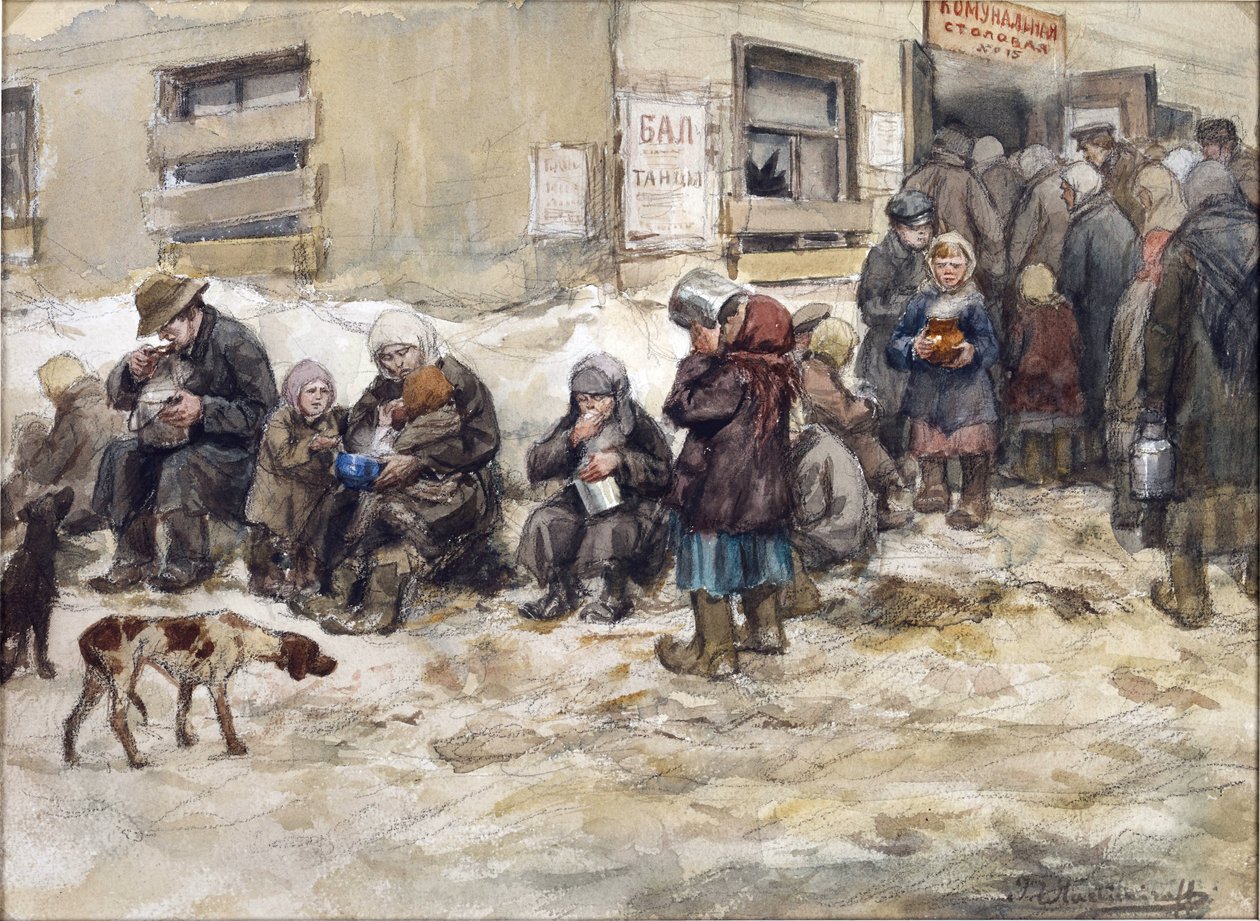 Hladová léta v Petrohradě. ""Společná jídelna." od Vladimirova, Ivan Alexejevič (1869-1947). Akvarel, kvaš na papíře. Soukromá sbírka od Ivan Alexeyevich Vladimirov