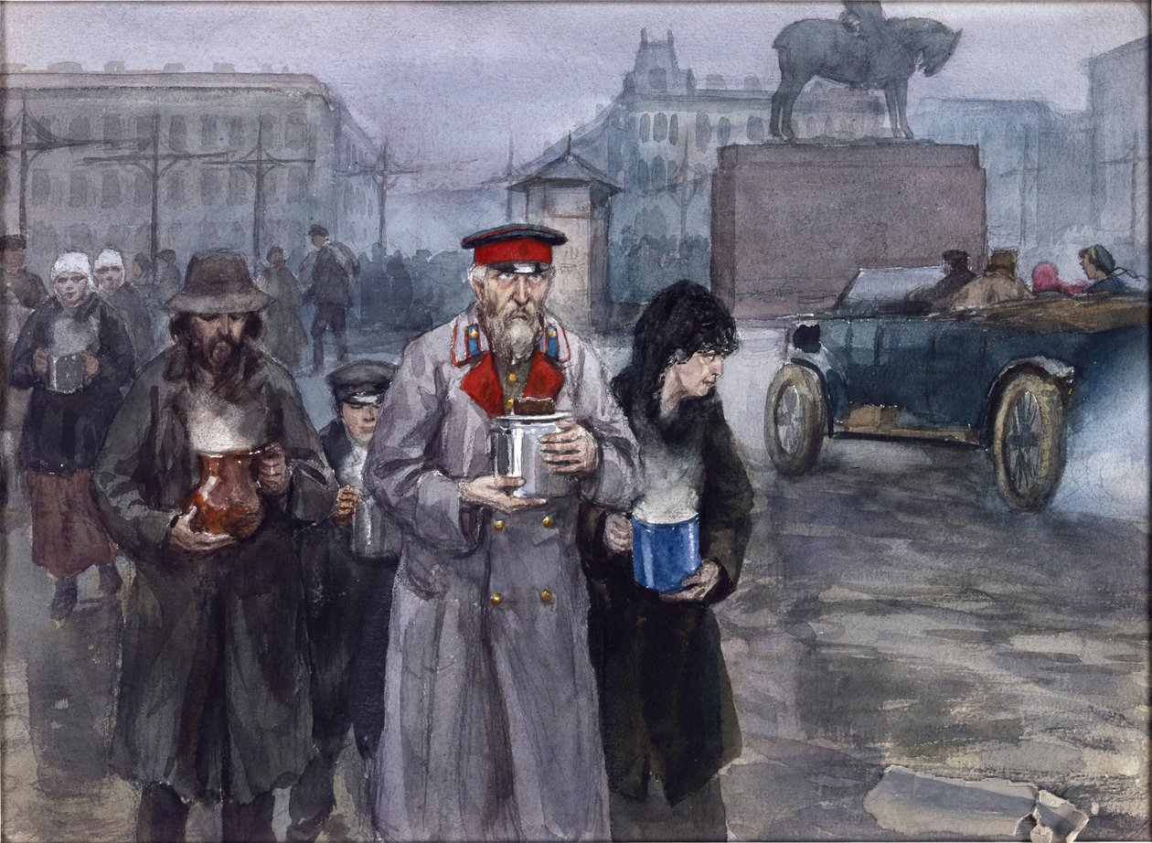 Hladová léta v Petrohradě. Návrat ze společné vývařovny Vladimirov, Ivan Alexejevič (1869-1947). Akvarel, kvaš na papíře od Ivan Alexeyevich Vladimirov