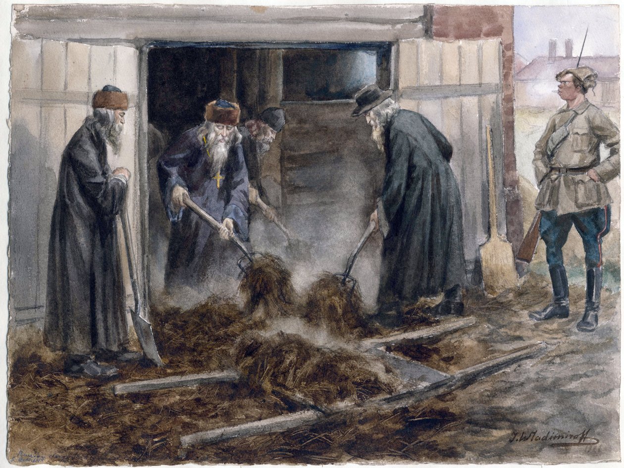 Le clerge russe pelletant le fumier - Ruští duchovní lopatou seno: září 1918 (ze série akvarelů Ruská revoluce) - Vladimirov, Ivan Alexejevič (1869-1947) - 1918 - Akvarel na papíře - 25,8x34,3 - Soukromá sbírka od Ivan Alexeyevich Vladimirov