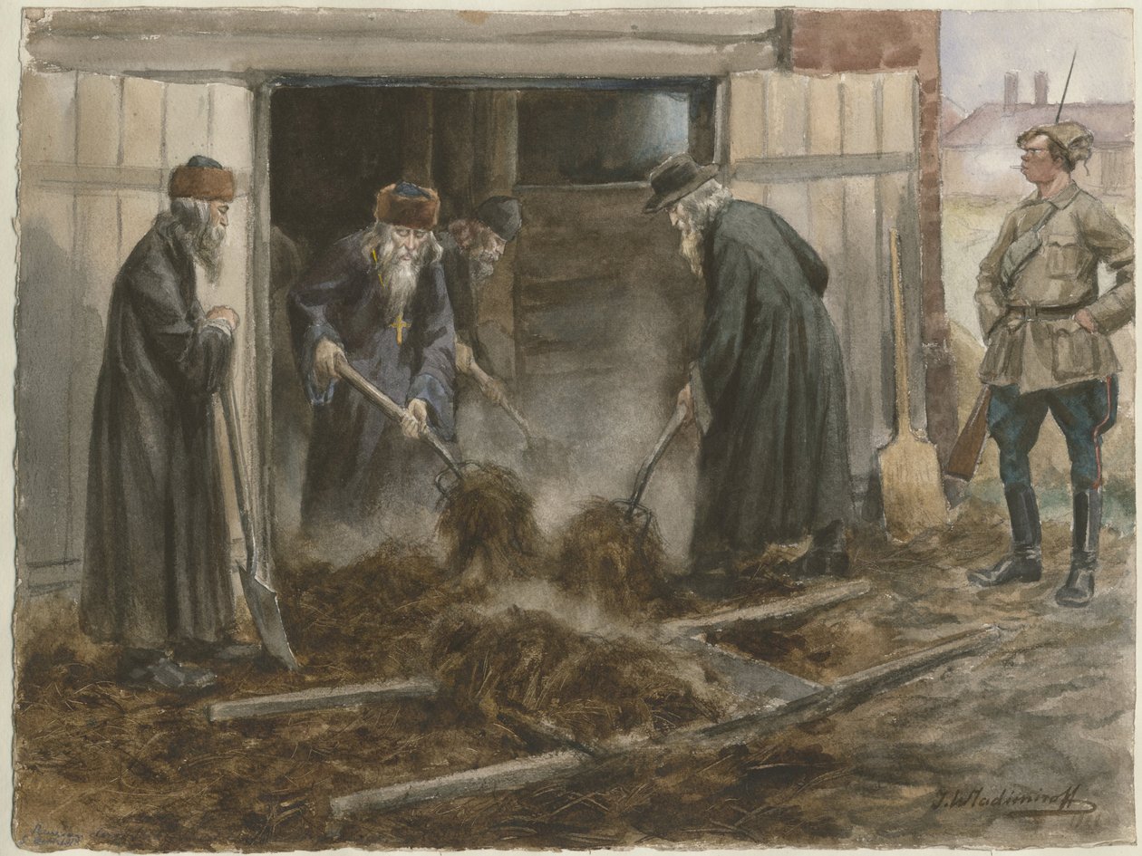 Ruští duchovní lopatou seno: září 1918 ze série akvarelů Ruská revoluce, 19. od Ivan Alexeyevich Vladimirov